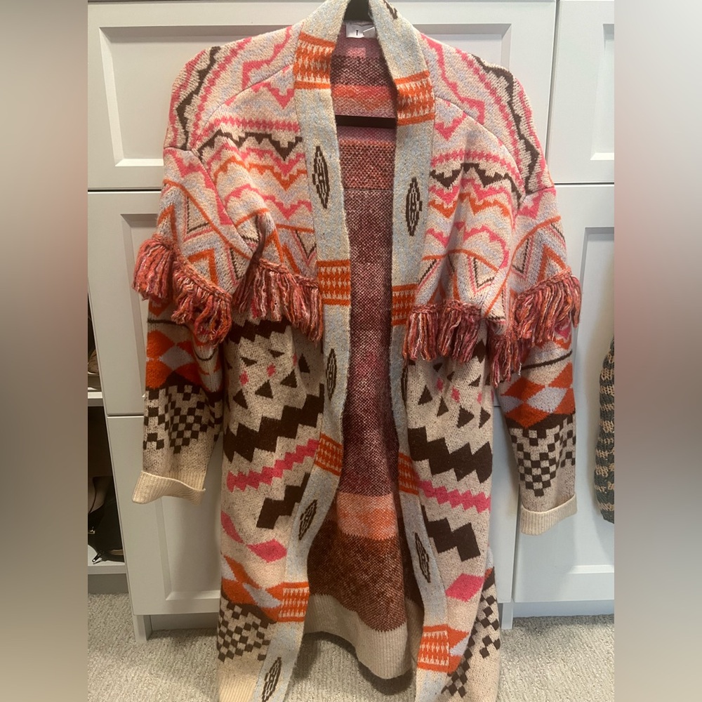 THML Geometric Knit Cardigan in Pink, Orange, and Brown